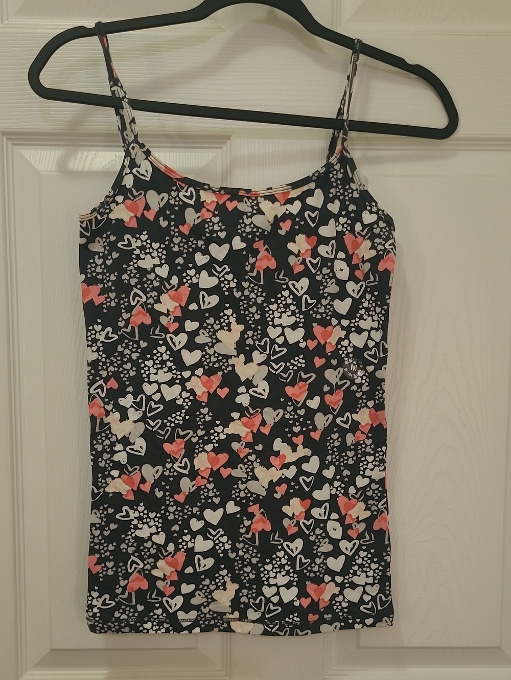 Heart Print Spaghetti Strap Tank Top - Black with Pink & White Hearts